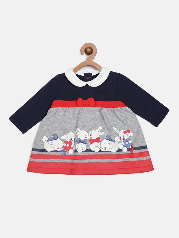 Navy and Grey Knitted Dress With Print image number 0